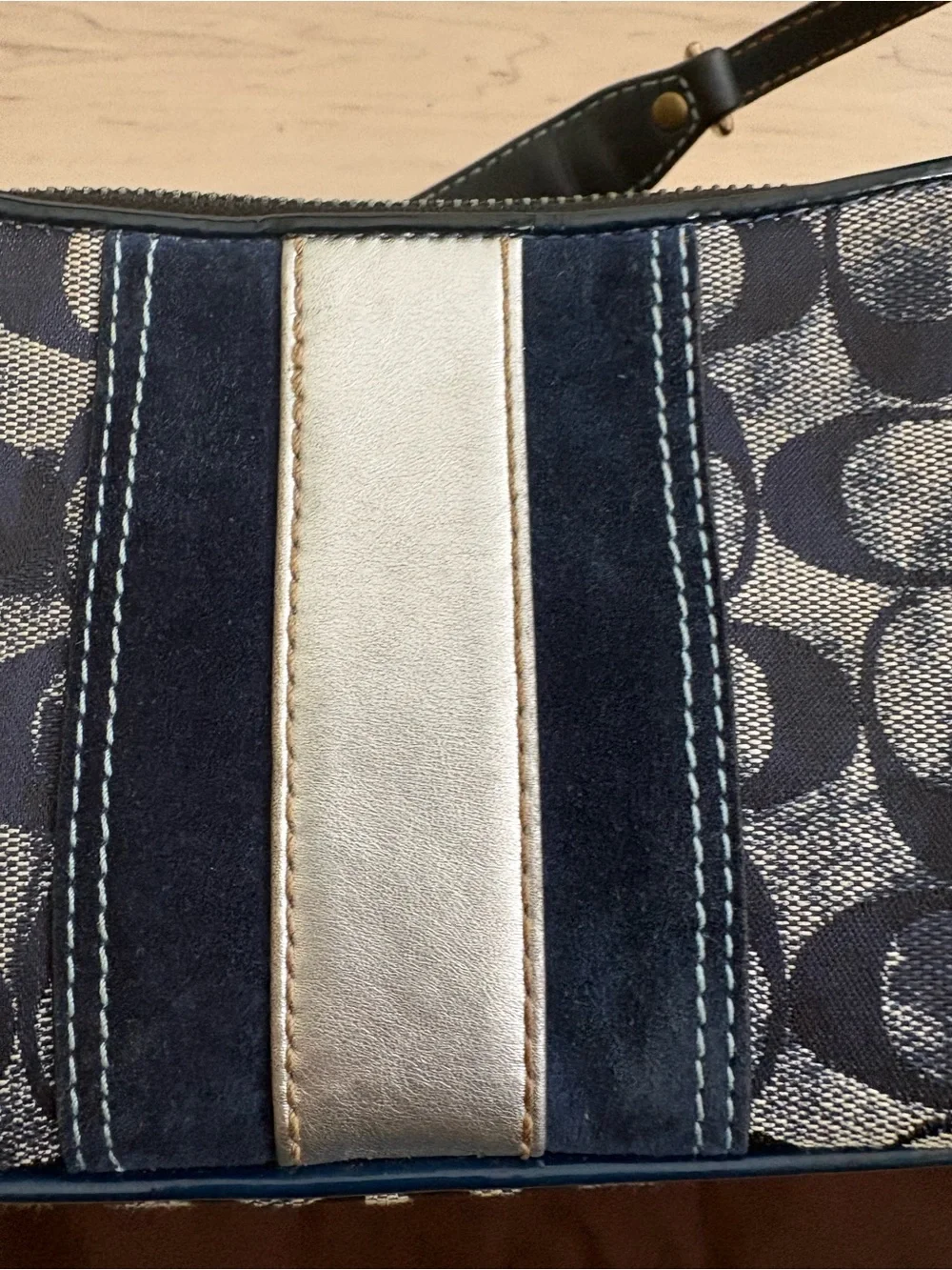 Coach Navy Signature Stripe Shoulder Bag with Light Blue Center - Picture 7 of 10
